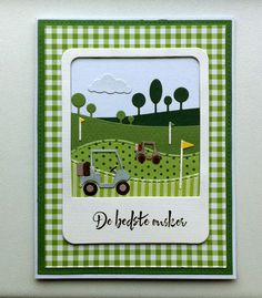 a green and white card with an image of a tractor in the field on it