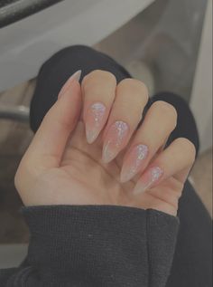 Nails Sheer Pink, Nails Glitter Ombre, Nails Sheer, Pointy Almond, Nails Pointy, Powder Dip Nails, Nails Girly, Gel X Nail, Nails Korean