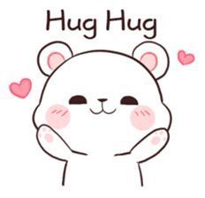 a white bear with pink hearts around it's eyes and the words hug hug