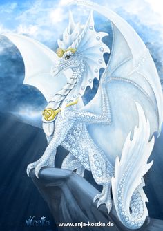 a painting of a white dragon sitting on top of a rock in the sky with clouds behind it