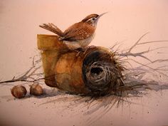 a painting of a bird sitting on top of a piece of wood next to an acorn