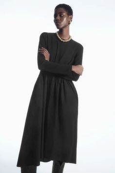 ASYMMETRIC GATHERED-WAIST MIDI DRESS - Black - Dresses - COS Sleeved Dress, Elizabeth Taylor, Women's Coats & Jackets