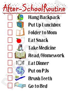 the after school routine checklist is shown in red and white, with an image of books