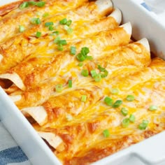 a casserole dish with chicken, cheese and green onion garnishes