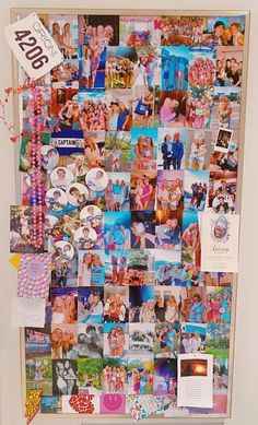 a bulletin board covered in pictures and magnets