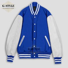 This is Royal & White Varsity Jacket is made of High Quality Wool and Cowhide Leather Sleeves. The Front of this Jacket is Snaps Closure. Collar and Cuffs of the Jacket are Rib Knitted.  It has Four Pockets (Genuine Leather trim is used on the Pockets).  Polyester Quilted Lining is used inside to make you feel warm and comfortable. NOTE: ● Please look at the product images and carefully select your required size. ● Product color may vary due to photographic lighting sources or your monitor setti Blue College Track Jacket With Pockets, Blue Track Jacket With Pockets For College, Blue Varsity Jacket With Baseball Collar, Blue Varsity Jacket With Pockets, Fitted Blue Varsity Jacket For Streetwear, Blue Winter Track Jacket For College, Blue Fitted Varsity Jacket, Blue Long Sleeve Varsity Jacket For Fall, Blue Outerwear With Baseball Collar And Pockets