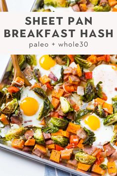 sheet pan breakfast hash browns with eggs and brussel sprouts on top