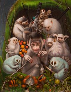 a painting of monkeys surrounded by other animals