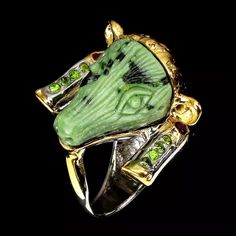 Absolutely One Of A Kind, Artistically Carved Ruby Zoisite(Rat), Accented With Genuine Faceted Chrome Diopside And Genuine Rhodolite Garnet! 925 Sterling Silver Ring, Solid, High Quality, Overlaid With 14 K White And Yellow Gold! Were You Born In A Year Of A Rat? This Is Your Lucky Talisman Birthday Ring! Unique Green Gemstones For Formal Occasions, Collectible Green Multi-stone Jewelry, Luxury Green Collectible Jewelry, Collectible Green Multi-stone Emerald Ring, Green Jewelry With Accent Stones For Collectors, Collectible Green Jewelry With Accent Stones, Green Collectible Jewelry With Accent Stones, Luxury Green Collectible Rings, Luxury Green Emerald Ring With Stone Setting