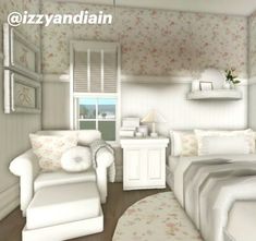 a virtual view of a bedroom with flowers on the wall and furniture in the room