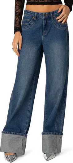 Free shipping and returns on EDIKTED Vesper Cuffed Wide Leg Jeans at Nordstrom.com. <p>Baggy wide legs give laid-back shape to these cuffed low-rise jeans cut from nonstretch denim for an authentic feel.</p> Casual Dark Wash Wide-leg Cropped Jeans, Casual Dark Wash Wide-leg Flare Jeans, Cuffed Jeans, Rollerball Perfume, Low Rise Jeans, Fragrance Design, Fabric Gift Bags, Wide Legs, Fabric Gifts