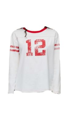 a white shirt with red numbers on it