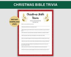 the christmas bible trivia is shown with an image of a red and gold background