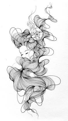 a drawing of a woman's head with long hair and flowers on her head