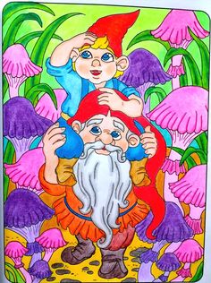 a drawing of two gnomes in front of purple mushrooms