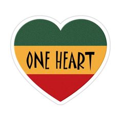 a heart shaped sticker with the word one heart written in black and yellow on it