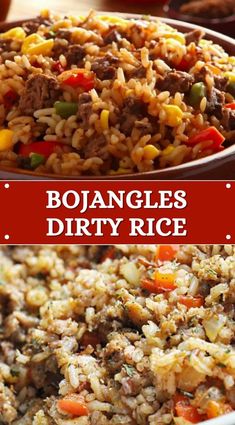 this is an image of a bowl of rice with meat and vegetables in it that says boangles dirty rice