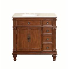 an antique style bathroom vanity with marble top and wooden cabinetry, on white background