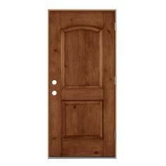 a wooden door with two round knobs on the front and side panels, against a white background