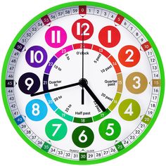 a colorful clock with numbers and times on it's face, showing the time