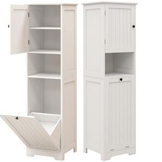 two tall white storage cabinets with one open and the other closed, side by side