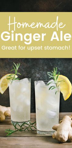 two glasses filled with lemonade and ginger ale on top of a wooden table next to sliced ginger