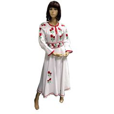 Traditional Romanian  dress from Moldova  The dress includes chest embroidery, long sleeves and a belt.  The products are made to order, according to the exact measurements of your body. 100% customizable!  Dress with traditional embroidery, made to order. Dress includes traditional belt.  Product made in Romania. Composition: 98% cotton, 2% polyester. Colors : White and Multicolor When you order, please send us a message with details on the size of the chest , waist and hips so we can send the Folk Style Long Sleeve Embroidered Wedding Dress, Folk Style Long Sleeve Fitted Embroidered Dress, Folk Style Fitted Embroidered Long Sleeve Dress, Folk Style Fitted Embroidered Dress With Long Sleeves, Long Sleeve Embroidered Dress For Traditional Ceremonies, Romanian Dress, Wedding Dress Rose, Romanian Wedding, Traditional Belt