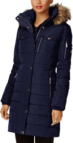 Michael Michael Kors Women's Navy Blue Down Coat Quilted Jacket 3/4 Stand collar; removable hood with faux-fur trim, Zipper closure with snap overlay at front Interior knit storm cuffs, Zipper pockets at hips and left chest; flap pockets at chest Hits at knee; approx. 35" long Send to professional cleaner only Michael Kors Coats, Michael Kors Clothes, Womens Black Coat, Down Winter Coats, Down Puffer Coat, Down Jackets, Down Coat, Women's Coats & Jackets, Navy Women