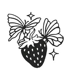 a drawing of two butterflies on top of a strawberry