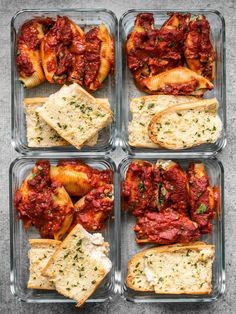 four glass containers filled with different types of food