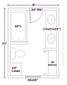 a bathroom floor plan with measurements for the toilet and sink, along with two shower stalls