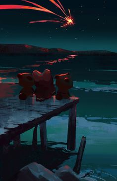 two teddy bears are sitting on a dock watching fireworks go off in the night sky