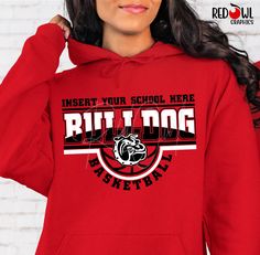 Personalized Bulldog School Spirit T-Shirt Crewneck, Hoodie Hooded Sweatshirt Football, Baseball, Basketball, Softball, Track, Volleyball, Cross Country, Cheer, Wrestling Not all colors are available in all sizes and styles.  Please check the color and size charts in photos. We do our best to accurately represent shirt colors by using actual photos but do understand that all monitors will display differently. Please contact us prior to purchase with any questions on sizing or colors. Your purchase includes a custom imprint created specifically for your team! A product proof will be emailed to you within 1 business day.  Please keep an eye on your Etsy messages and reply with any changes within 24 hours. Your order will be sent to production after that time if no response is received. Exces Bulldog Basketball Shirts, Basketball Coach Shirts Ideas, Basketball Shirt Ideas, Represent Shirt, Tiger Spirit, Football Shirt Designs, Basketball Sweatshirts, Coach Shirts, School Spirit Shirts