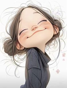 a drawing of a girl with her eyes closed and hair blowing in the wind, smiling