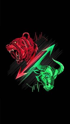 two different colored animals on black background with green, red and orange lines in the middle