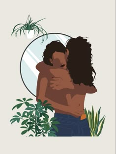 two people embracing each other in front of a mirror with plants on the wall behind them