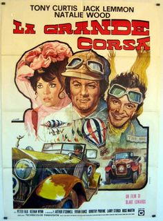 a movie poster for the film la grande de corsai with two men and an old car