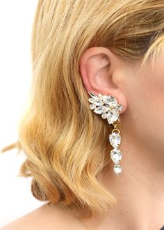 Bridal Earrings Climbing Chandelier Earrings Bridal Crystal | Etsy Party-style Dangle Ear Cuff Single Earring, Party Single Dangle Ear Cuff, Pierced Dangle Ear Cuff For Wedding, White Ear Cuff For Party, Elegant Dangle Ear Climbers For Wedding, Elegant Wedding Dangle Ear Climbers, White Crystal Single Earring, Single White Crystal Earring, Clip-on Dangle Bridal Earrings For Party