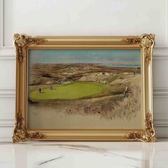 an oil painting of people playing golf in the sand dunes on a sunny day with white walls