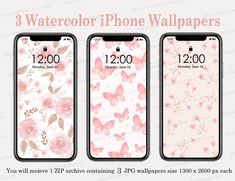 three iphone wallpapers with pink flowers and butterflies on them, all in different sizes