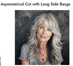 Long Hair With Many Layers, Long Grey Hair Styles For Women, Long Grey Hair With Layers, Side Part Shag Haircut With Bangs, Shag Grey Hairstyles, Gray Hair Over 50 Fifty Not Frumpy, Gray Hair Shag With Bangs, Long Hair Subtle Bangs, Long Shag Haircut Gray Hair