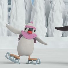 two penguins are skating in the snow with one penguin wearing a pink scarf and another penguin wears a black hat