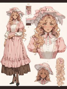 the paper doll is wearing a pink dress and hat with long curly hair, while she has