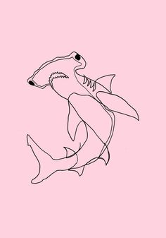 a black and white drawing of a shark with it's mouth open on a pink background