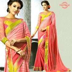 Shaded Pink Georgette Saree With Printed Border Pink Georgette Saree, Back Embroidery, Self Design, Printed Blouse