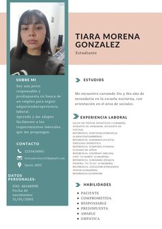 a professional resume for a young woman in blue and pink colors, with the name tara morena gonzaez on it