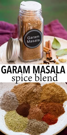 the ingredients for garam masala spice blend on a white plate with text overlay