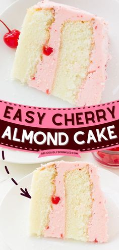 Cherry Almond Cake, cake recipes, easy desserts, sweet treats Homemade Almond Cake, Cherry Buttercream Frosting, Almond Layer Cake, Cherry Almond Cake, Cherry Buttercream, Cherry And Almond Cake, Cherry Cake Recipe, Cupcakes Recipes, Cherry Desserts