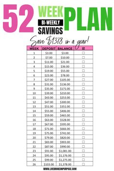 the 52 week plan for saving money is shown in pink and green, with text that reads