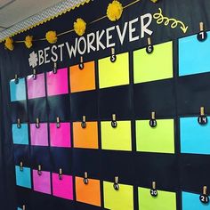 a colorful bulletin board with the words best worker written on it and pinned to pegs